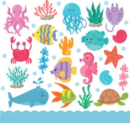 Fotobehang Onder de zee Marine Animals. Vector graphics of the ocean and marine animals. Turtle, crab, fish, octopus, seahorse, whale. Isolated on white background.