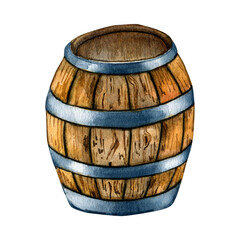 Obraz premium Wooden beer barrel watercolor illustration isolated on white background. Vintage cask, barrel roll hand drawn. Design element for advertising beer festival, banner, menu, packaging, St Patrick's day.