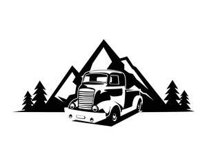 1940s chevy coe truck silhouette. isolated white background view from side. premium truck vector design with mountain view. best for badge concept logo. available eps 10. - obrazy, fototapety, plakaty