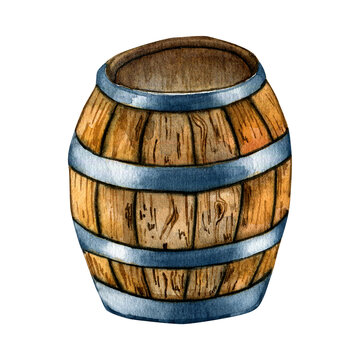 Wooden beer barrel watercolor illustration isolated on white background. Vintage cask, barrel roll hand drawn. Design element for advertising beer festival, banner, menu, packaging, St Patrick's day.