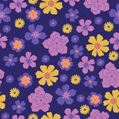 Seamless pattern with various flowers on a dark blue background. Vector graphics.