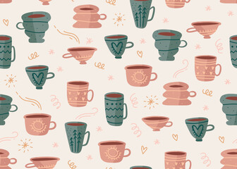 Seamless Pattern of Hand drawn various Cups with Hot tea or coffee. Doodle vector background