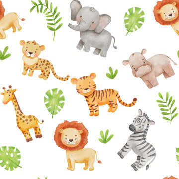 Childish seamless pattern with safari animals. Cute elephant, tiger and giraffe in cartoon style. Watercolor african baby wild animals and leaves on white background.