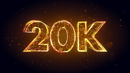 Fototapeta na wymiar Golden Yellow Red Shiny 20K Followers Celebration 3d Lines Effect And Square Dots Particles On Dark Brown Glitter Dust Background
