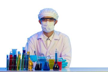 Experienced chemist wearing a uniform and looking at a bottle with chemical substance, with blue light isolate