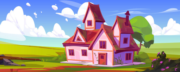 Countryside landscape with farm house, garden with tree and bushes with flowers, green fields. Rural nature scene with village cottage and meadows, vector cartoon illustration