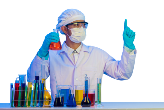 Experienced chemist wearing a uniform hand pointing and looking holding bottle with chemical substance, with blue light isolate