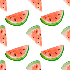 Watermelon watercolor seamless pattern. Summer exotic tropical background. Hand drawn watercolor illustration digital paper on white background