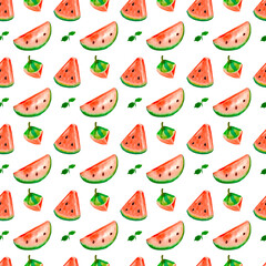 Watermelon watercolor seamless pattern. Summer exotic tropical background. Hand drawn watercolor illustration digital paper on white background