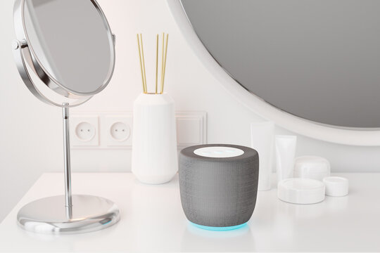 Generic non-brand smart speaker on dressing table. Smart home concept.