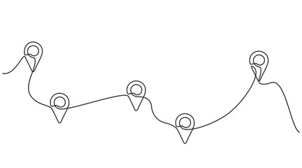 Continuous one line drawing of path and Location pointers. Simple pin between multiple points Hint location in thin Linear style. Gps navigation and Travel concept. Doodle vector illustration