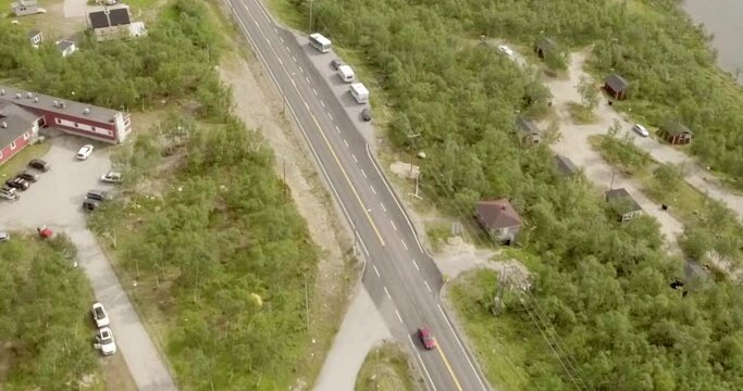 Aerial view at Kilpisj&auml;rvi, Lapland ,Finland and European route E8 that goes from Tromso, Norway to Turku, Finland in summer.