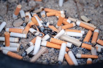 cigarette butts combined in a cigarette disc Concept of many cigarette debris after smoking