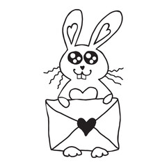 Vector cute contour bunny with love letter. Hand drawn doodle. Simple design element, clip art for greeting card, Valentine's day, birthday, coloring book