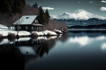 Fototapeta premium lake cabin in the snow with white mountains in the distance, generative ai composite