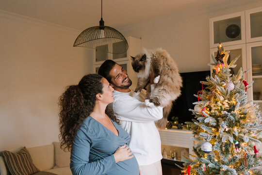 Pregnant woman with her husband and her cat at Christmas