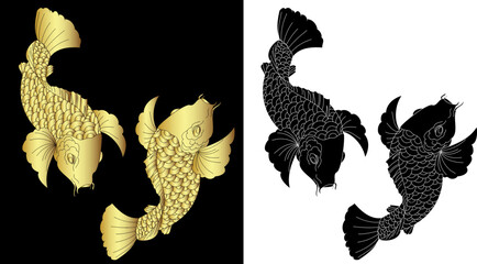 koi carp vector isolate for tattoo.Japanese carp drawing.Hand drawn line art of fish (Koi carp). Vector isolated. Idea for tattoo and coloring books.