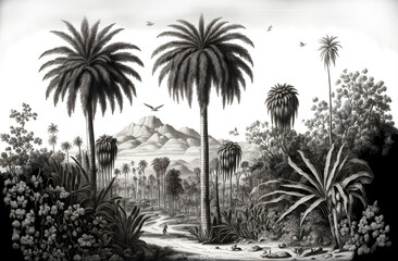 Vintage wallpaper - an oasis of palm trees, mountains with birds with a black and white background
