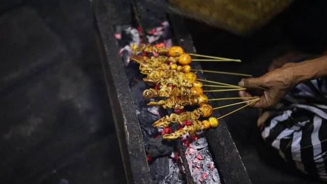 Satay uritan or forerunner of chicken eggs or young eggs. One of popular food in Solo, Indonesia