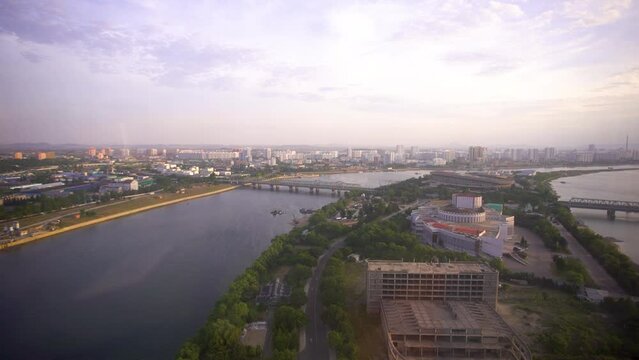 Timelapse of the Taedong River on a sunny day in the capital of North Korea, Pyongyang 