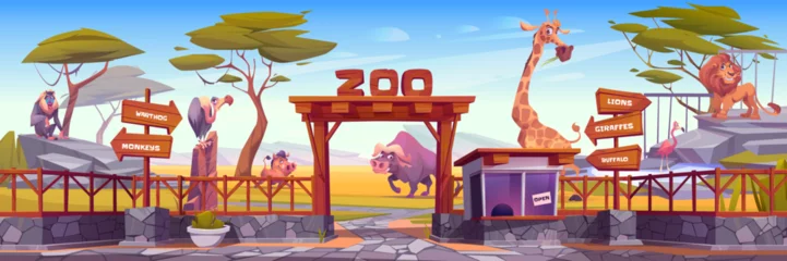Raamstickers Zoo park with african animals, trees, fence and entrance with wooden arch and cashier booth. Landscape of zoological park with lion, baboon, wildebeest and giraffe, vector cartoon illustration © klyaksun