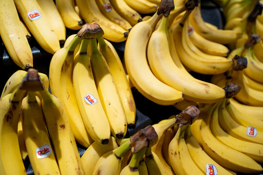 PENANG, MALAYSIA - MAY 14, 2020: Close up of the Dole brand banana.