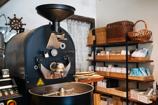 PENANG, MALAYSIA - MAY 21, 2020: Probat brand Probatone 5 coffee bean roasters in the cafe. 