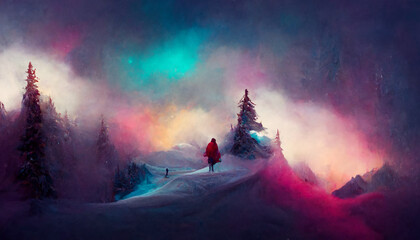 fairy tale princess in mysterious, colorful winter landscape