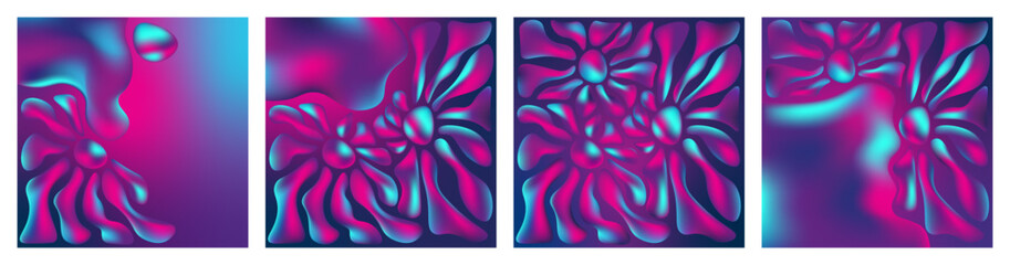 Fluid flowers in a neon light. Set of psychedelic covers. Vector illustration