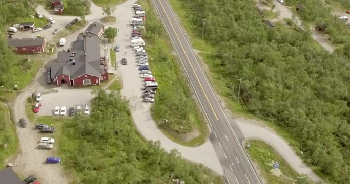 Aerial view at Kilpisj&auml;rvi, Lapland ,Finland and European route E8 that goes from Tromso, Norway to Turku, Finland in summer.