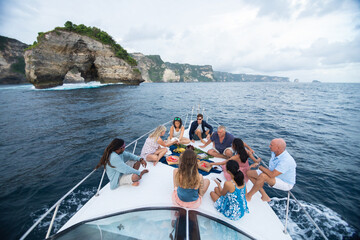 Group people having celebration on boat