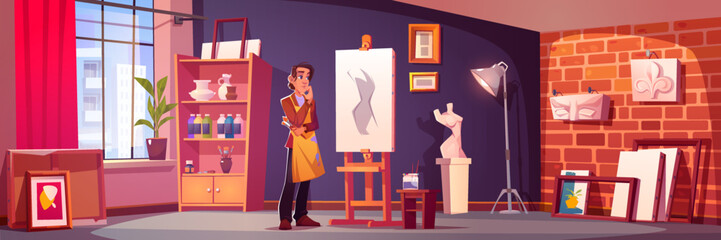 Male artist working in art studio. Vector cartoon illustration of pensive man looking at sketch. Room interior design with window, sculptures, empty frames, canvas, vases, paint bottles on shelves