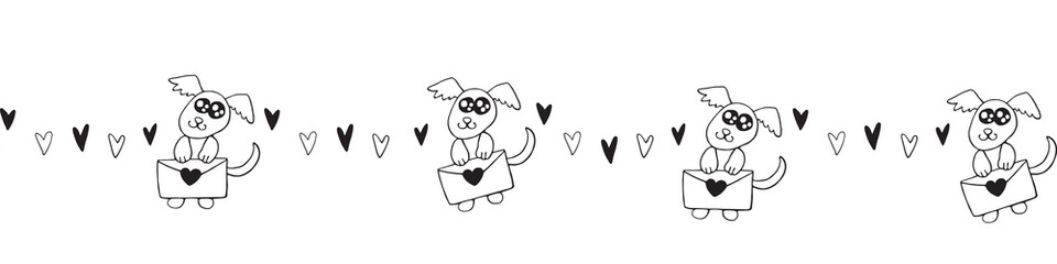 Vector edging, ribbon, border made of Cute contour little dogs with love letters and hearts. Decoration on theme of Valentine's Day, sending and receiving post, confessions of feelings