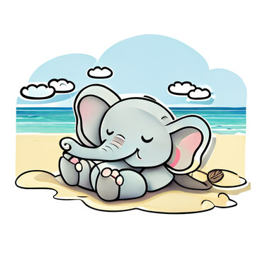 Ein kleiner süßer Elefant der am Strand in der Sonne relaxt Sticker - Illustration auf transparentem Hintergrund - erstellt mit AI