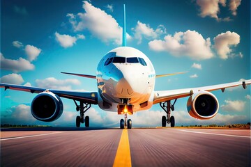 Fototapeta na wymiar Airplane taking off from Airport runway at beautiful blue sky, Commercial plane and Travel concept, Aircraft with motion blurred Background, ultra-detailed, full color, cinematic light, natural light