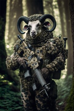 Handsome Anthropomorphic Sheep in Camo with M416 in Deep Forest - Incredible Detail and Professional Lighting