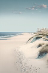 Peaceful Beach Retreat: Photorealistic Scene of Calming Shoreline with Clear Sky and Pale Colors - Depth of Field for Realistic Effect