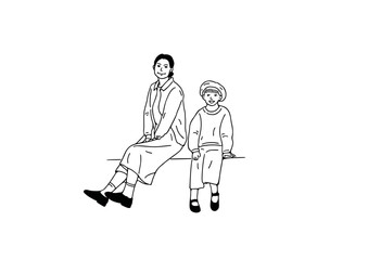 Mother and daughter. Happy family. Hand Drawn Flat Vector Illustration.