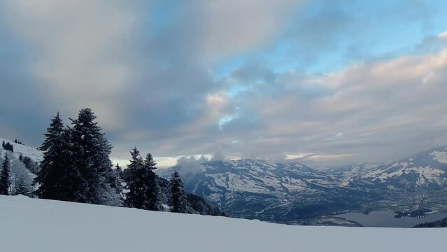 Wintry landscape in Switzerland with snow-covered trees, mountains and a lake (Lake Lauerz).