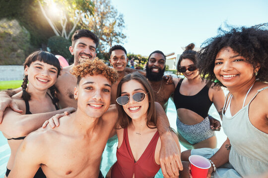 Selfie, fun and portrait of friends at a pool party for summer, holiday and happy swimming in Thailand. Relax, smile and group of people in the water with a photo memory on a tropical vacation