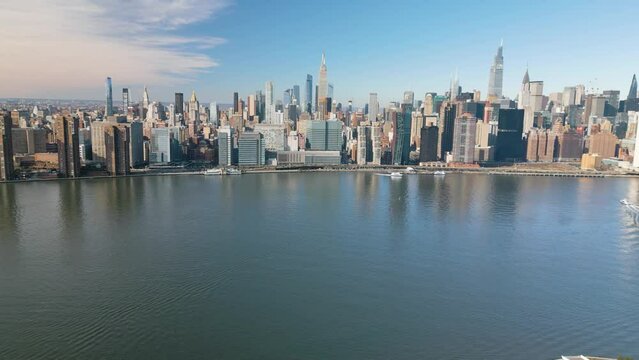 Drone Flying Away from Manhattan on Cold Winter Day in the City that Never Sleeps