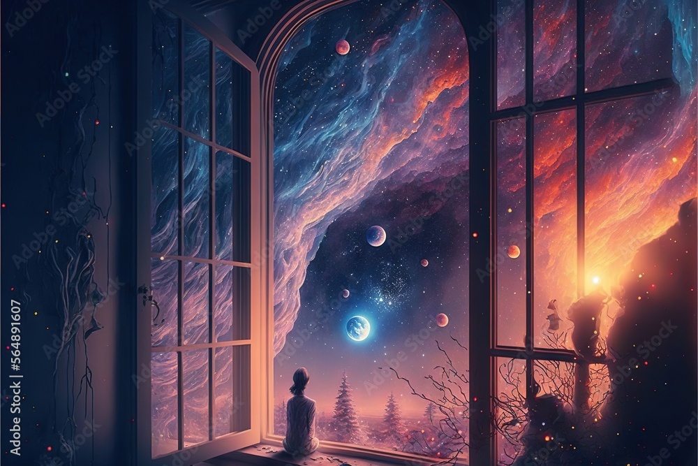 Poster a window with a view of a space filled with planets and stars, and a person sitting on a window sill