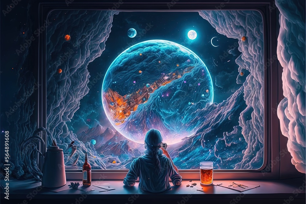 Poster a man sitting in front of a window looking out at a space filled with planets and stars, with a beer