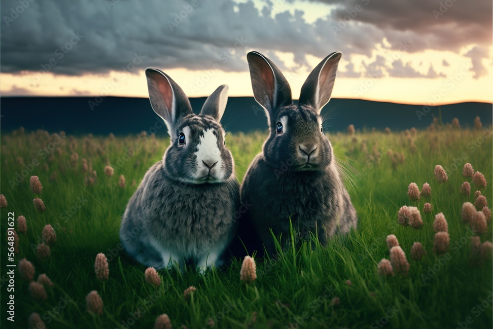 Poster two rabbits sitting in a field of grass with a cloudy sky in the background and a field of flowers i