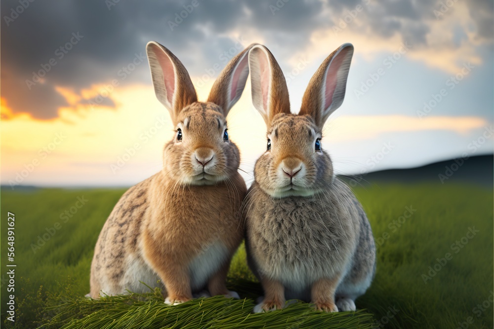 Aufkleber two rabbits sitting in the grass with a sky background behind them and a sunset in the background wi