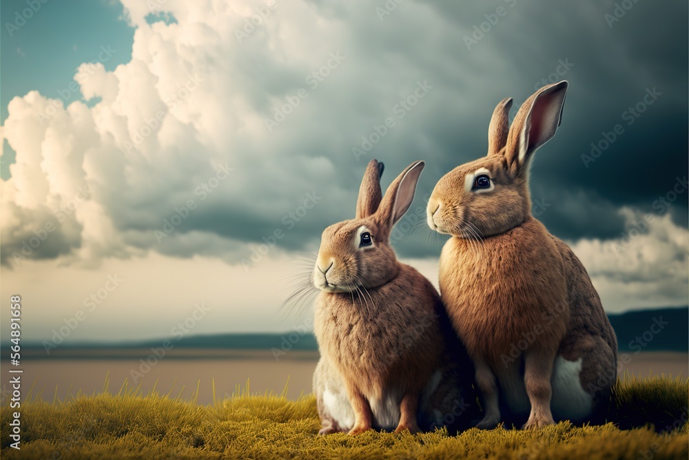 Poster two rabbits sitting on a grassy field under a cloudy sky with clouds in the background and one rabbi