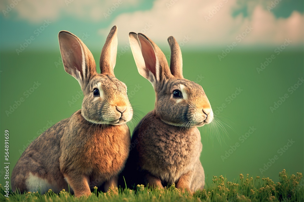 Poster two rabbits sitting next to each other on a field of grass and flowers with a sky background behind 