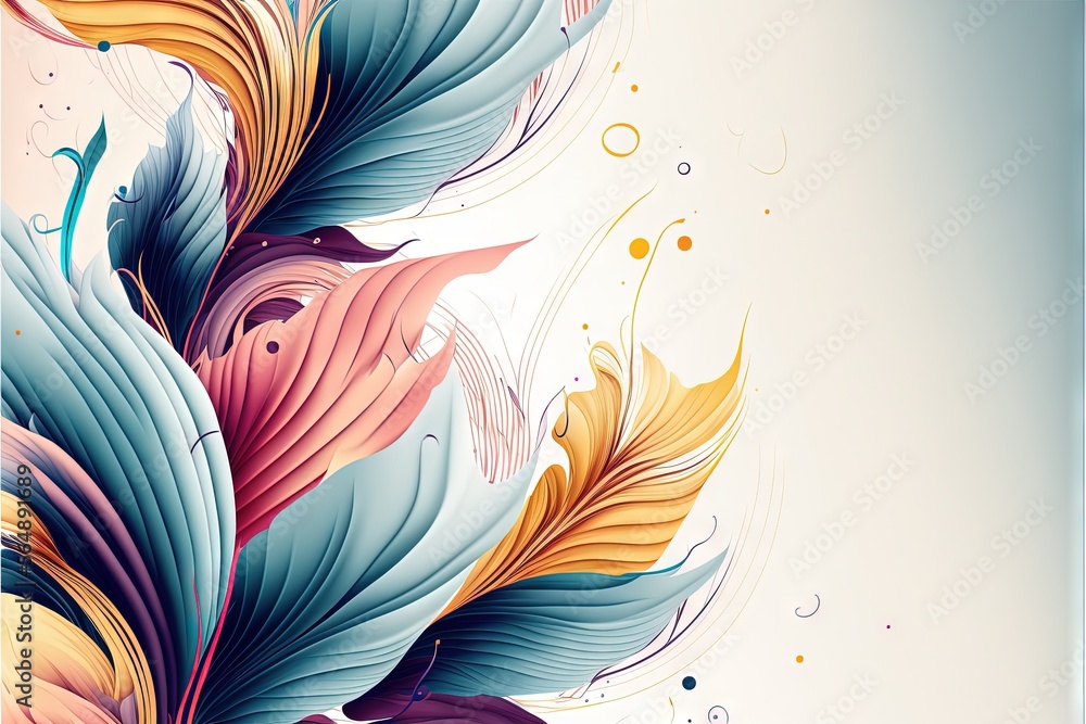 Poster a colorful painting of a feather on a white background with bubbles and bubbles around it, with a bl
