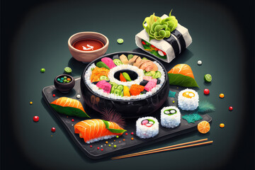healthy and vegan sushi roll made with fresh and colorful vegetables and fruits, artfully arranged on a black stone plate. Accompanied by a side of traditional soy sauce, served in a simple white bowl
