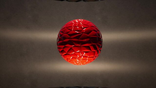 Red glossy sphere rotating slowly in the air, inside minimal space, with bump map applied, 3D animation camera zoom out slowly.